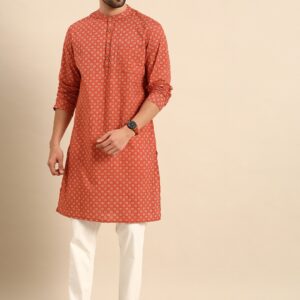 Men Rust Orange & Off White Printed Kurta