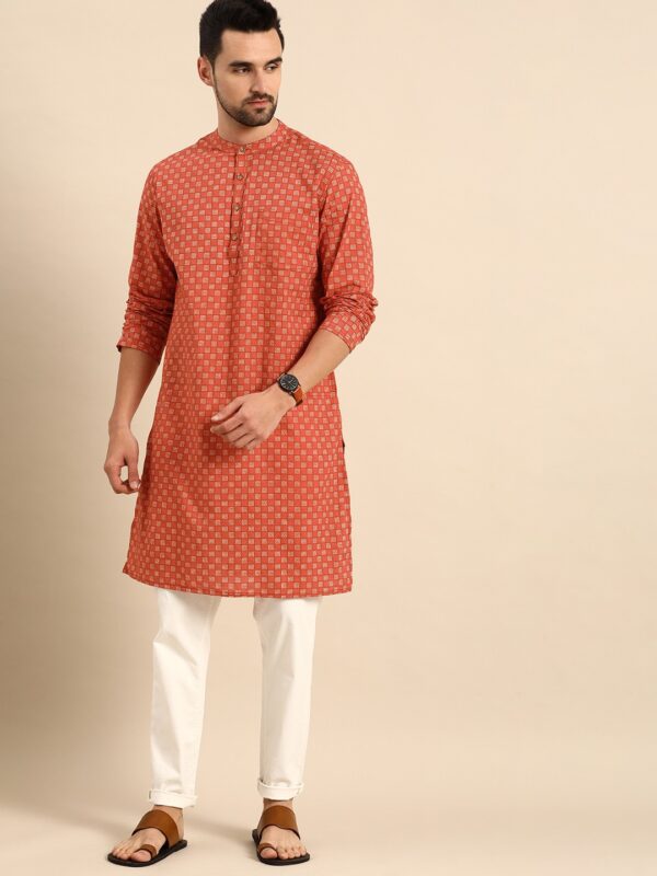 Men Rust Orange & Off White Printed Kurta