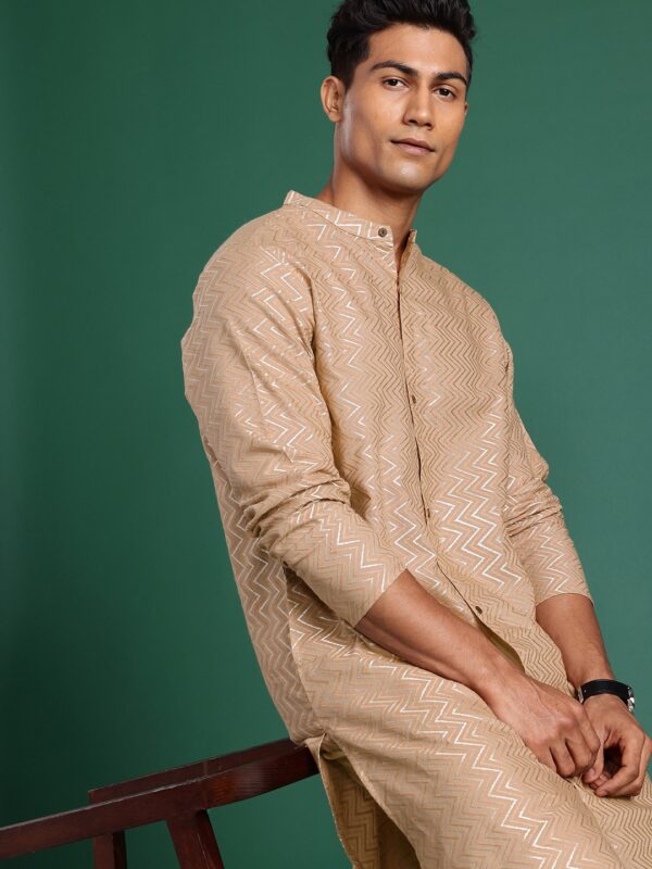 Chevron Woven Design Band Collar Cotton Kurta